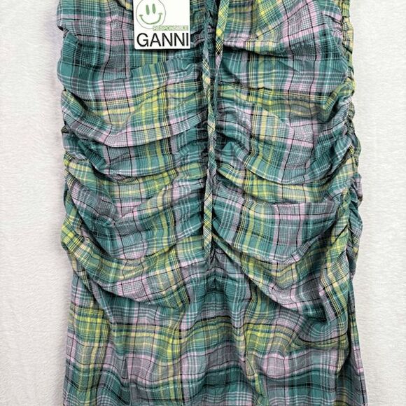 NWT GANNI Checked Seersucker Midi Dress in Lagoon Green Purple Size Small (36) - Picture 5 of 16